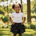 Girls Pink Pearl Heart Top & Black Ruffle Skirt Set - Model Shot