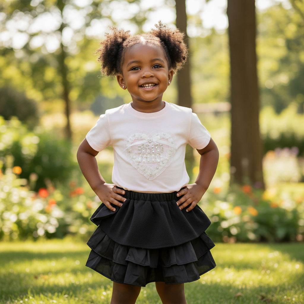 Girls Pink Pearl Heart Top & Black Ruffle Skirt Set - Model Shot