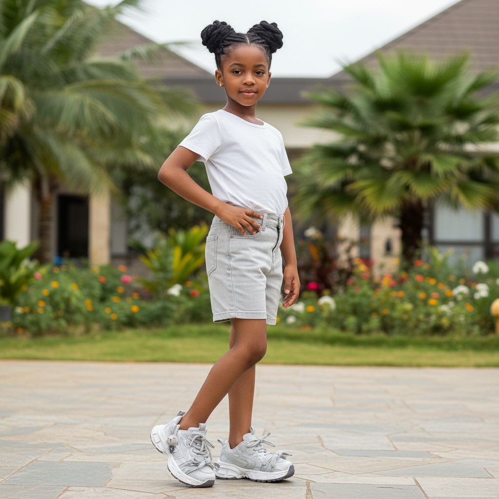 Nigerian girl wearing grey and lavender bunny charm chunky sneakers