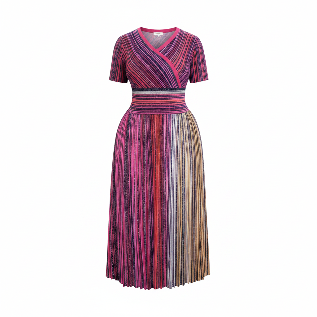 Ghost mannequin view of multicolour striped pleated wrap midi dress