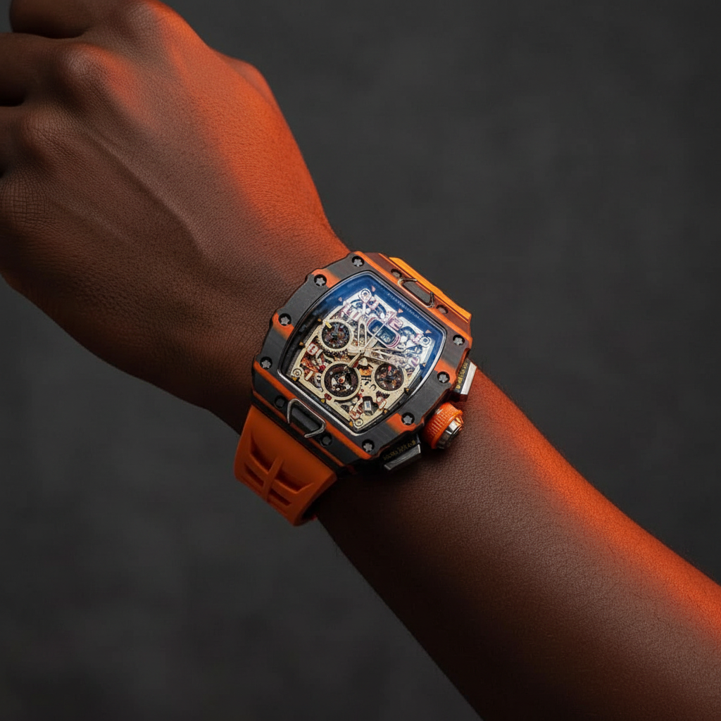Nigerian man wearing carbon TPT skeleton chronograph watch with orange strap and accents, wrist close-up