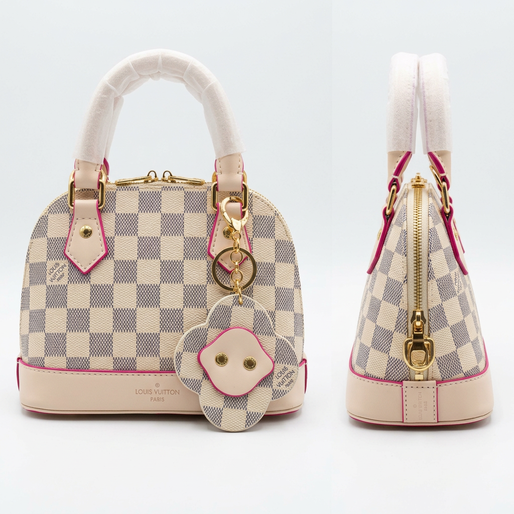 AI-generated front and side views of a cream and grey checkerboard dome handbag with flower pouch