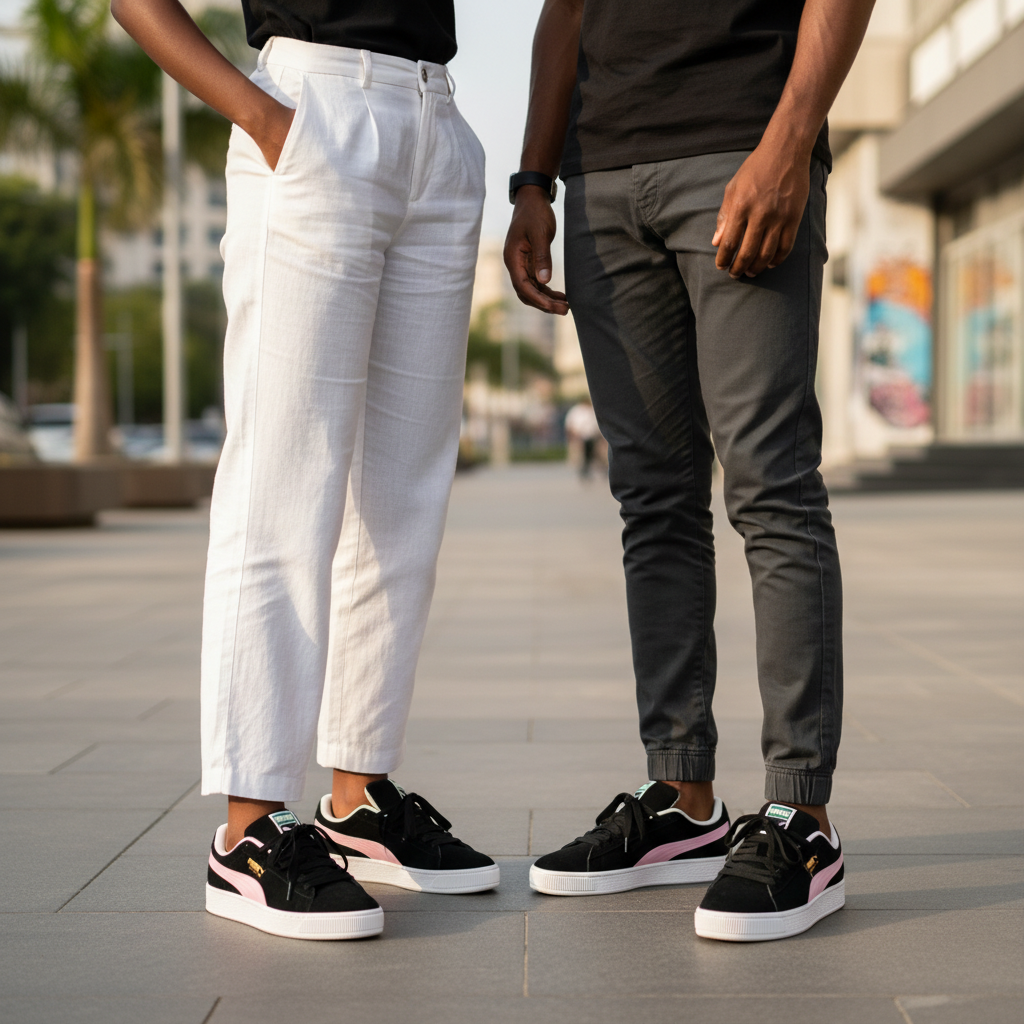 Nigerian male and female models side by side wearing Puma Suede Classic black and pink sneakers, combined unisex leg focus lifestyle shot