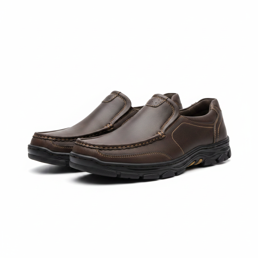 Men's dark brown waxed leather slip-on walking shoes with cream topstitching pair product shot