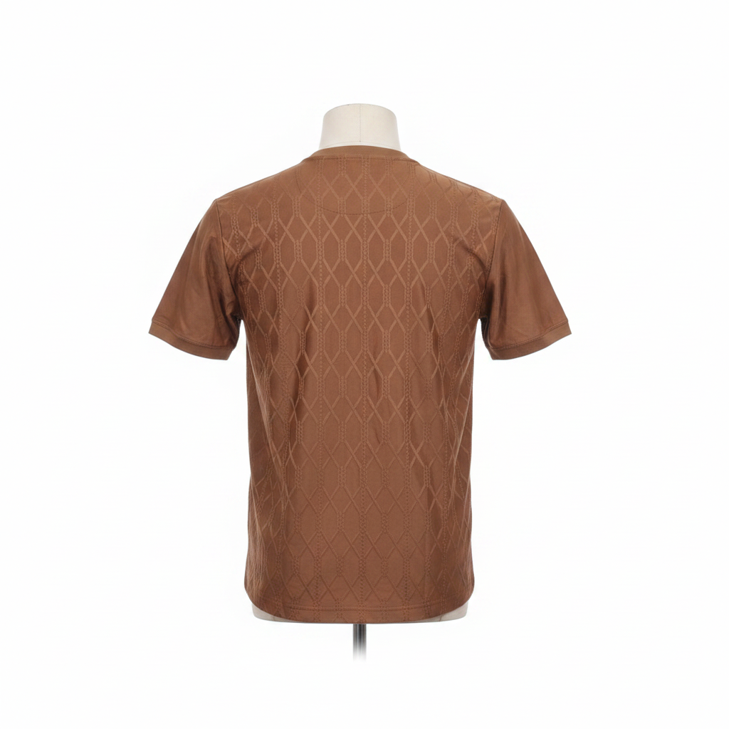 Ghost mannequin back view of brown quilted T-shirt
