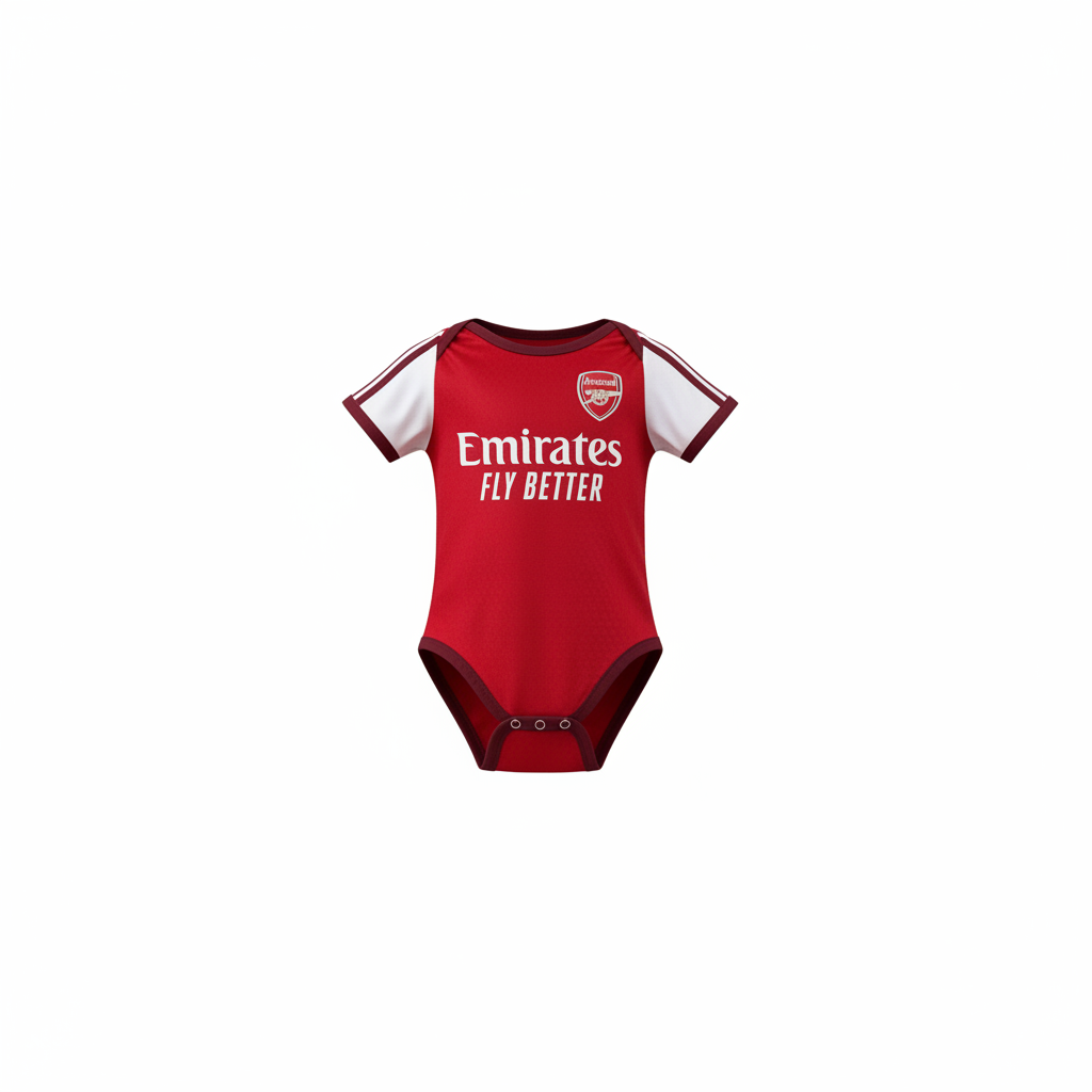 Baby red & white football romper bodysuit with Emirates trim – ghost mannequin front view on white background