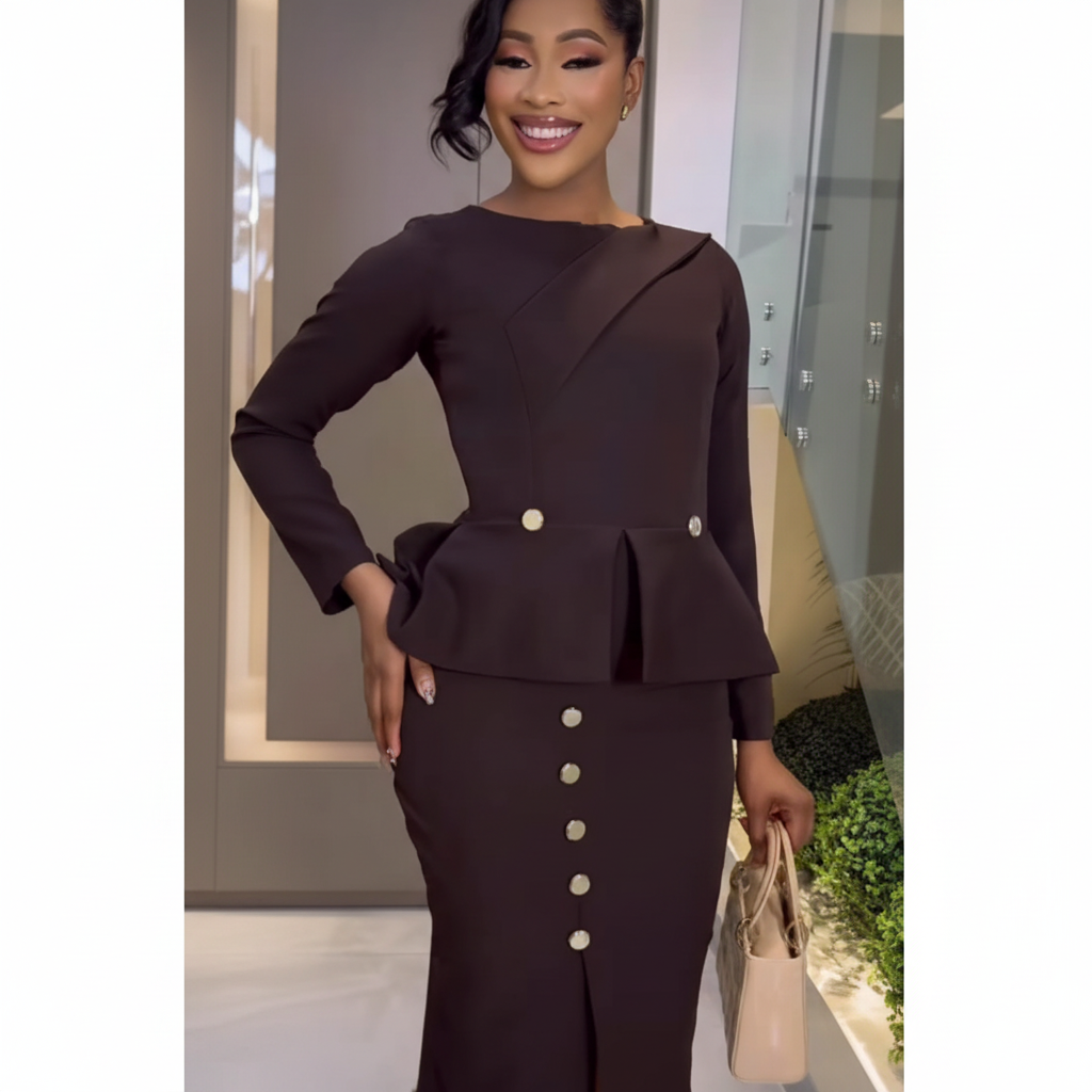 Peplum Button Co-ord Set Chocolate Brown – Model Shot