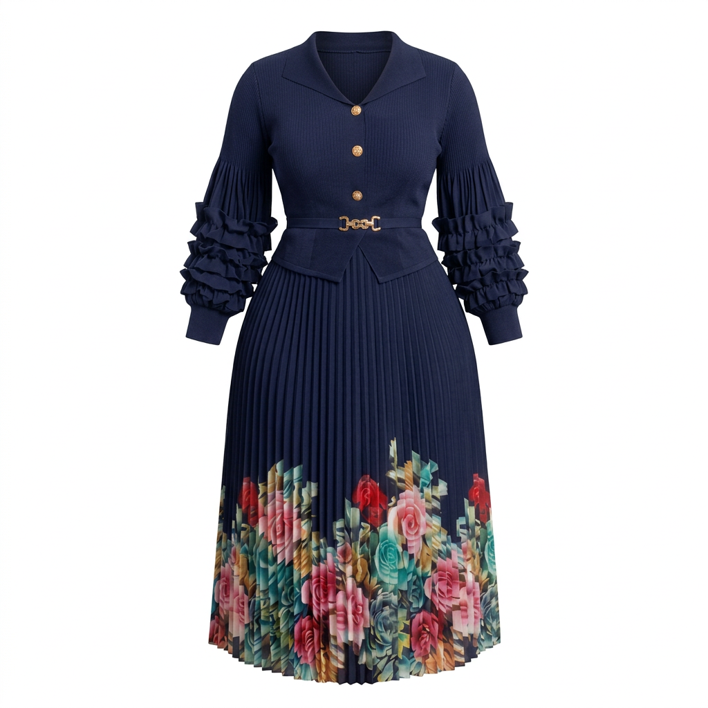 Navy floral-border pleated midi dress ghost mannequin