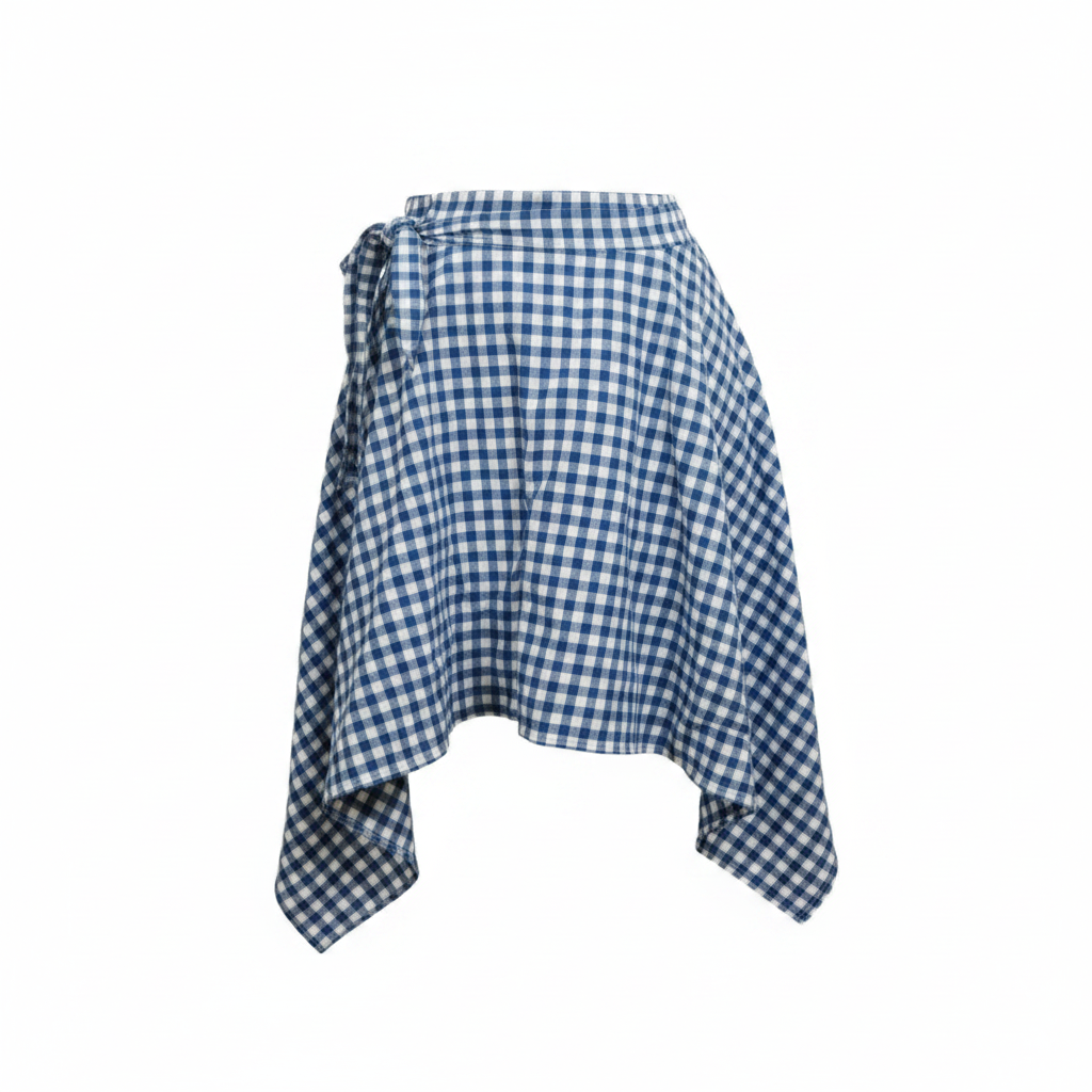Blue and white gingham wrap skirt with tie waist and asymmetric hem, ghost mannequin