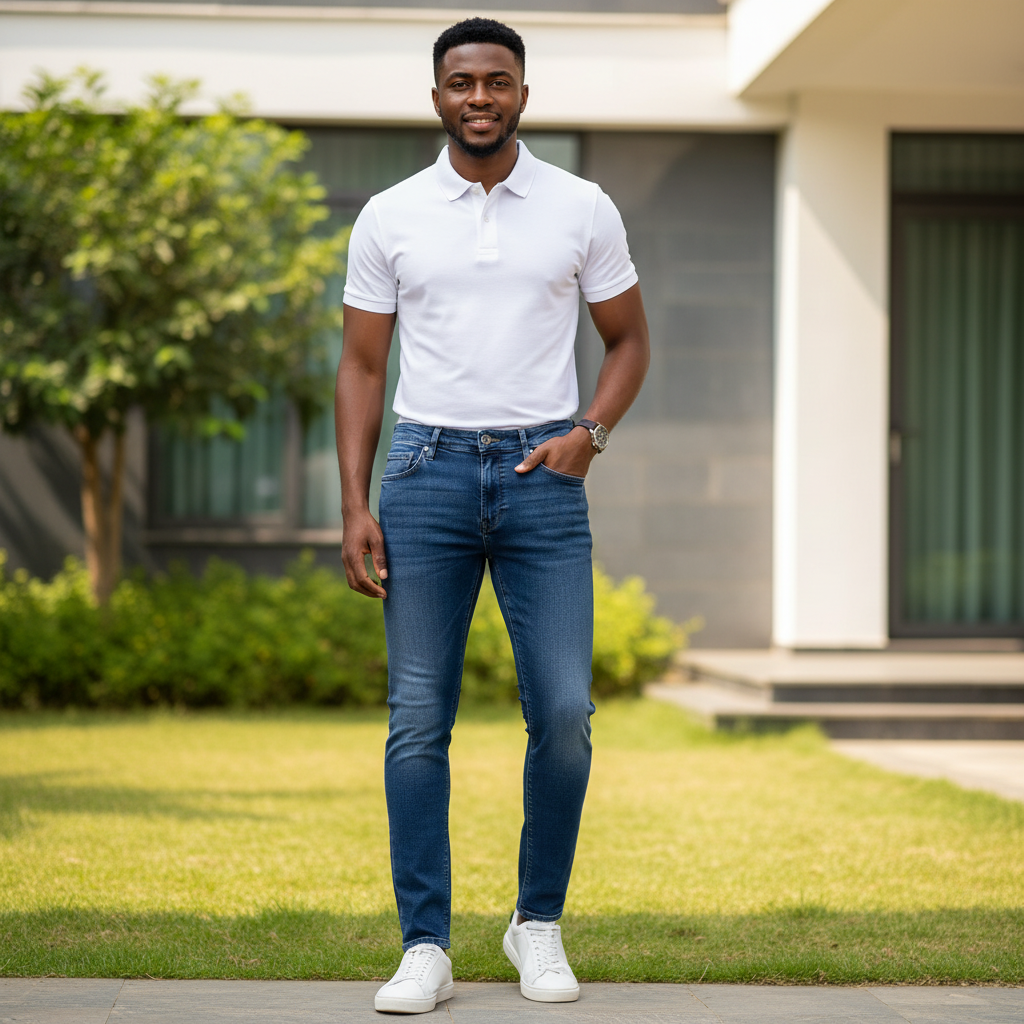 Nigerian male model wearing men's dark blue skinny stretch jeans - front view