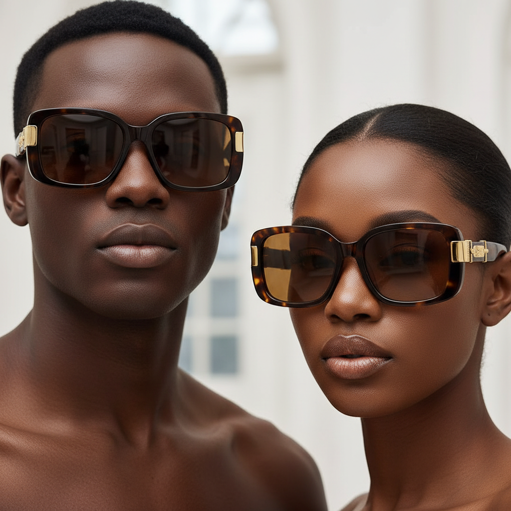 Nigerian male and female models wearing oversized square sunglasses tortoiseshell frame amber brown lens gold H-shape temple hardware