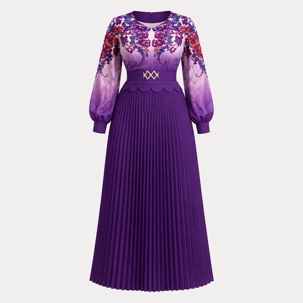 Ghost mannequin view of a purple pleated gown with a floral bodice and puff sleeves