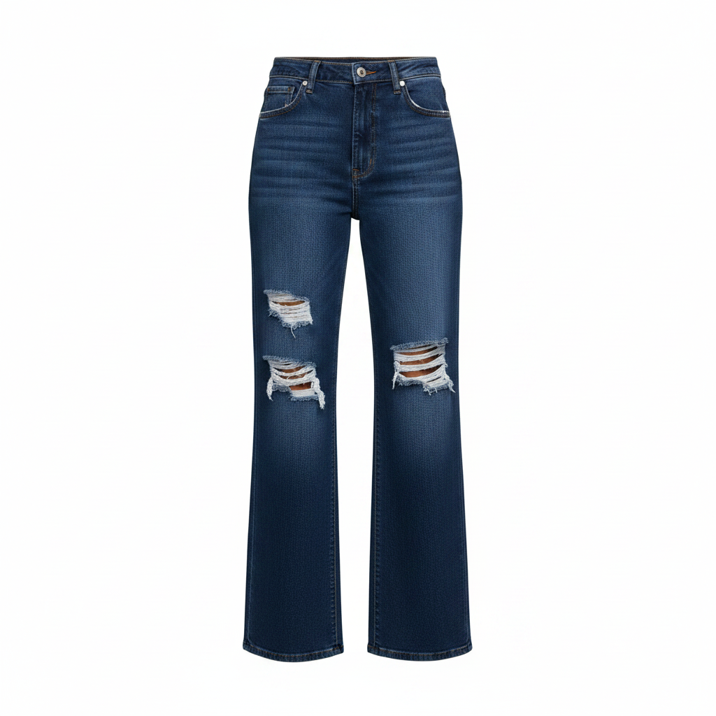 Ghost mannequin of navy heavy thigh ripped wide-leg jeans