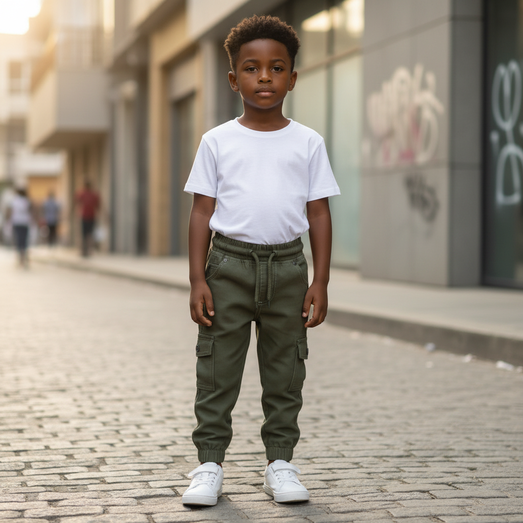 Young Nigerian boy wearing olive green cargo jogger pants