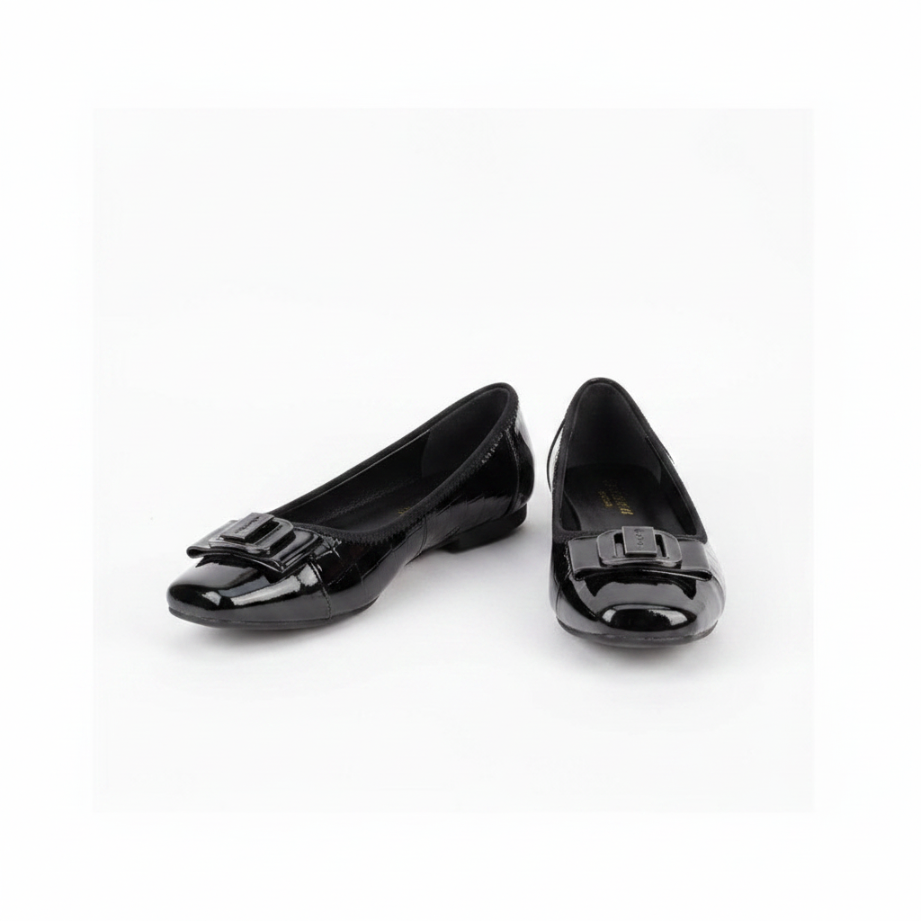 Women's black patent flat pumps with block buckle – ghost mannequin pair view