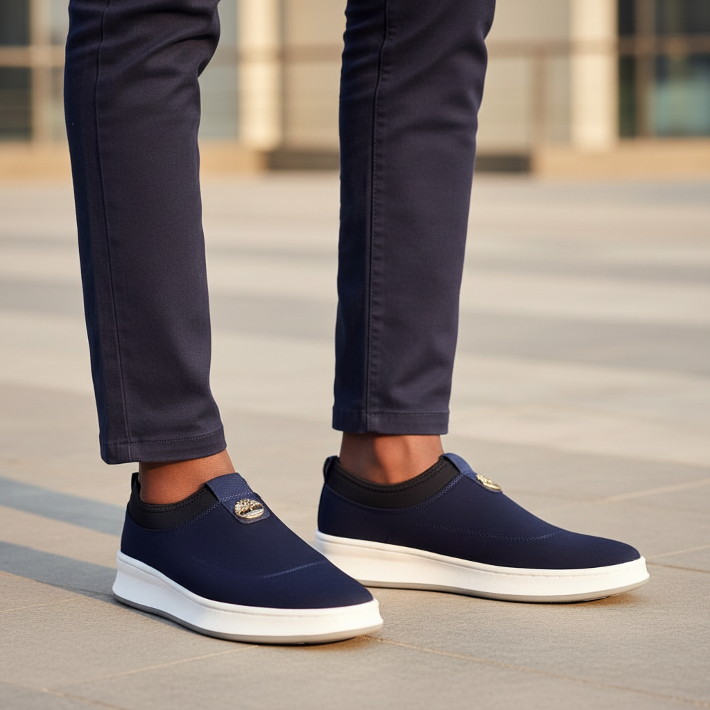 Nigerian male model wearing Timberland navy blue canvas slip-on sneaker loafers with gold badge, tight zoomed-in leg focus lifestyle shot