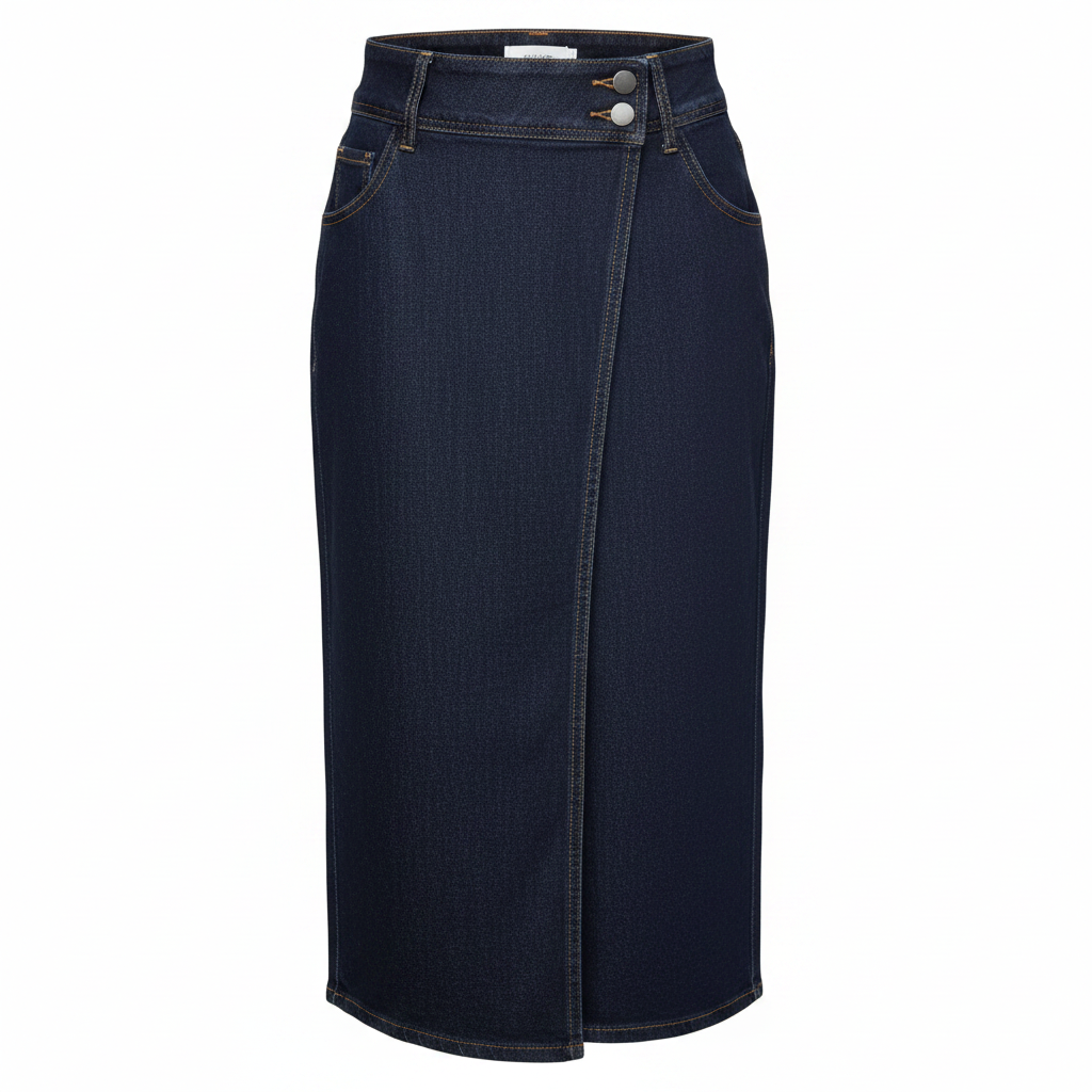 Navy Blue Denim Wrap Midi Skirt - Ghost Mannequin Front
