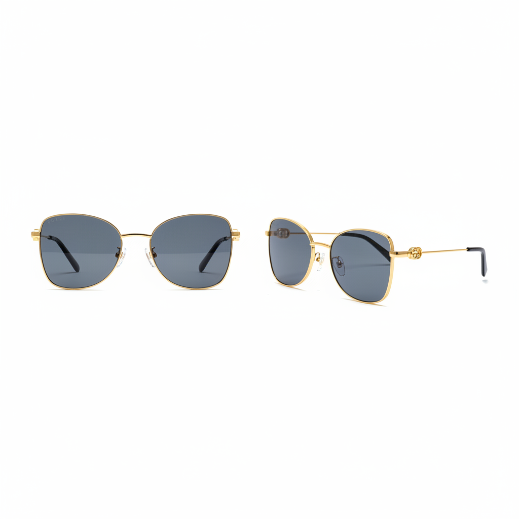 Ghost mannequin view — Oversized Butterfly Sunglasses Gold Wire Frame, front and side view