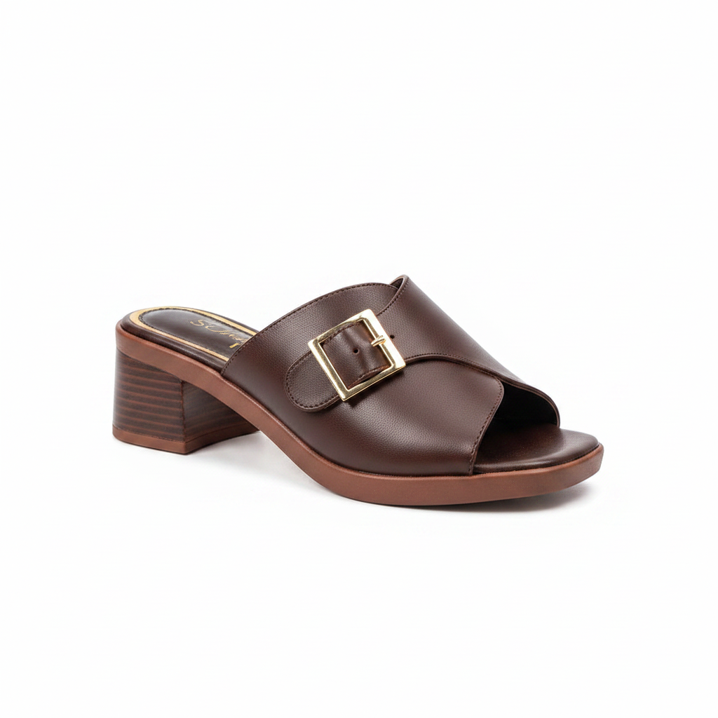 Women's Dark Brown Leather Square Buckle Block Heel Mule - Ghost Mannequin