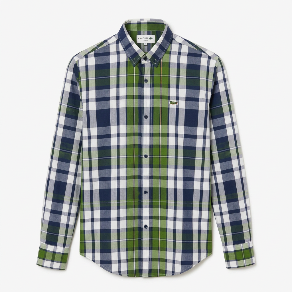 Men’s navy green and white plaid long-sleeve shirt, generated ghost mannequin view