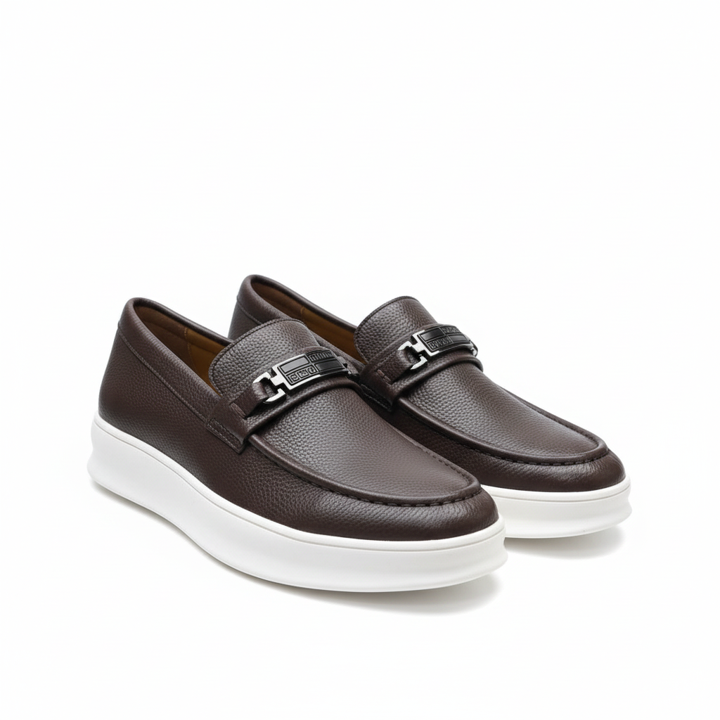 Men's Dark Brown Pebbled Leather Platform Slip-On Loafer – Pair View