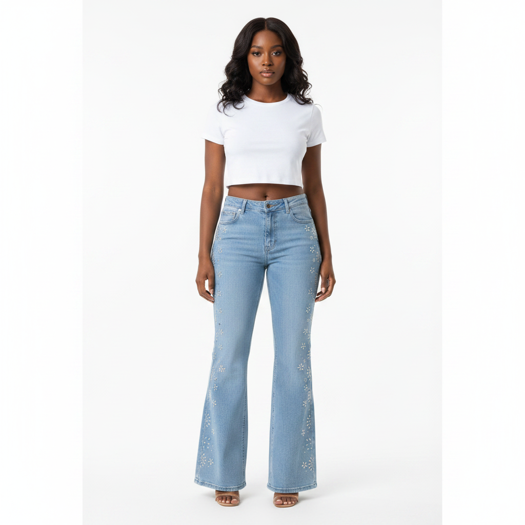Floral embroidered flare jeans front view on model