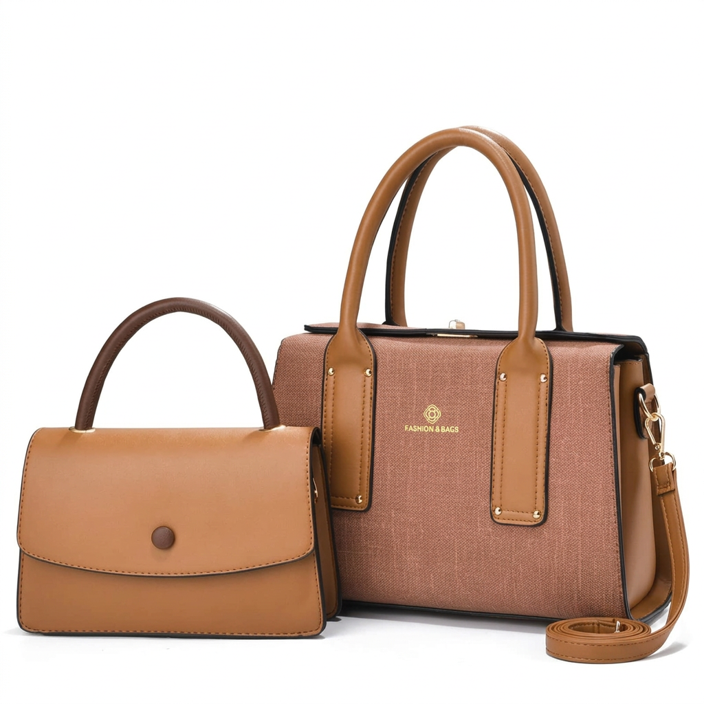 Rose-brown textured twin-handle handbag with tan trim pictured beside smaller tan flap bag