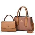 Rose-brown textured twin-handle handbag with tan trim pictured beside smaller tan flap bag