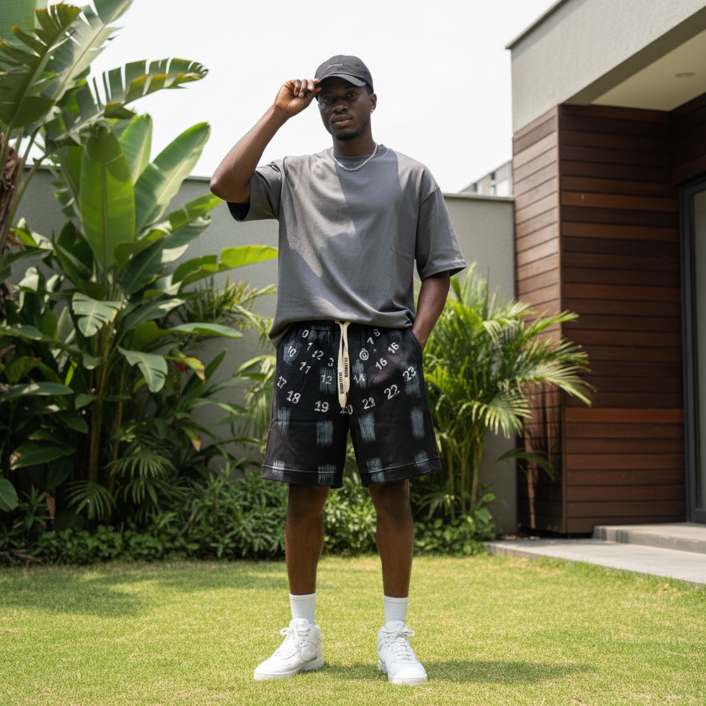 Nigerian male model wearing black distressed number print sweat shorts — full body streetwear shot
