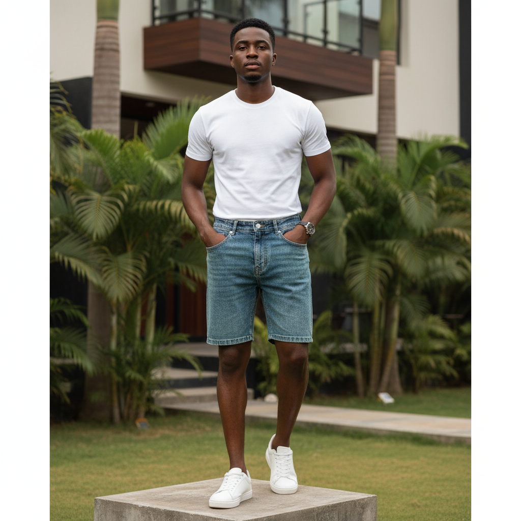 Nigerian male model wearing men's mid-blue vintage washed denim shorts streetwear style