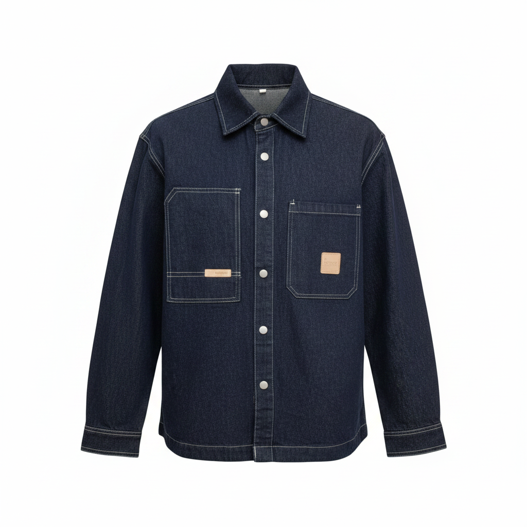 Raw dark indigo denim work shirt jacket ghost mannequin — white contrast stitching, chest patch pockets, white background