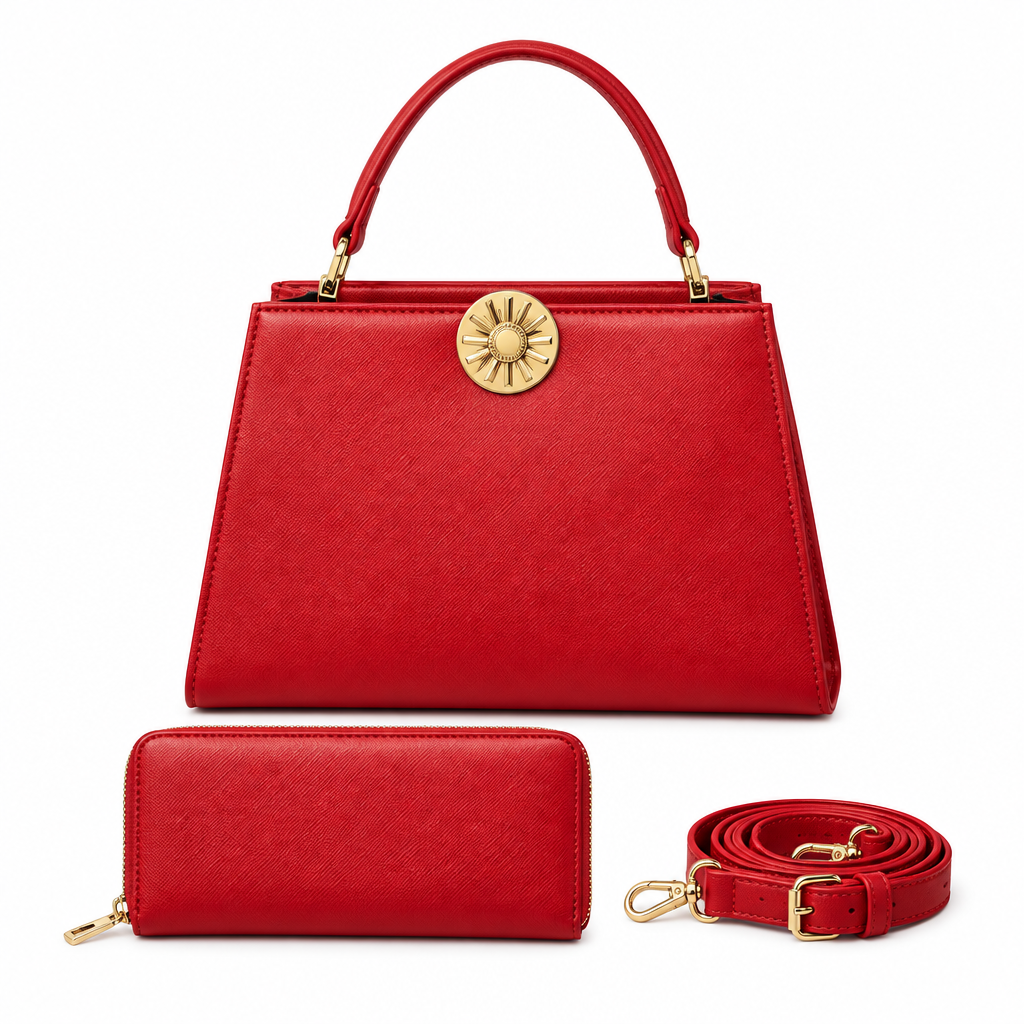 Red sunburst-clasp handbag with matching wallet and detachable strap