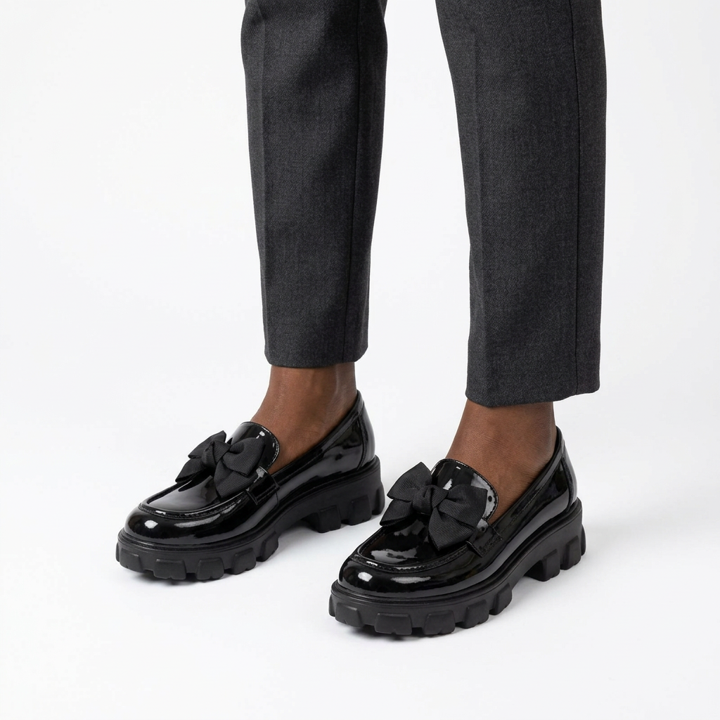 Adult woman wearing black glossy fabric-bow chunky loafers