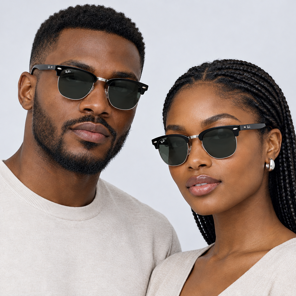 Man and woman wearing black silver-tone browline sunglasses without lens stickers