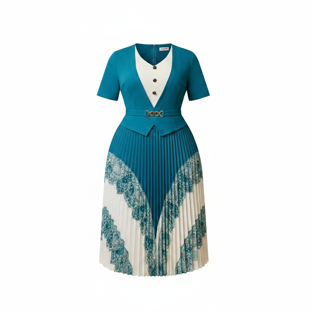 Teal and white pleated midi gown with floral lace border skirt and gold chain belt, ghost mannequin view