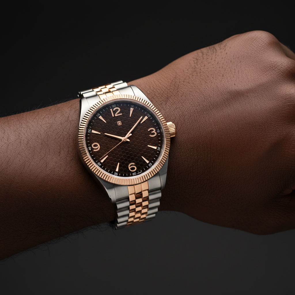 Nigerian man wearing two-tone silver and rose gold Oyster Perpetual watch with brown honeycomb dial, wrist close-up