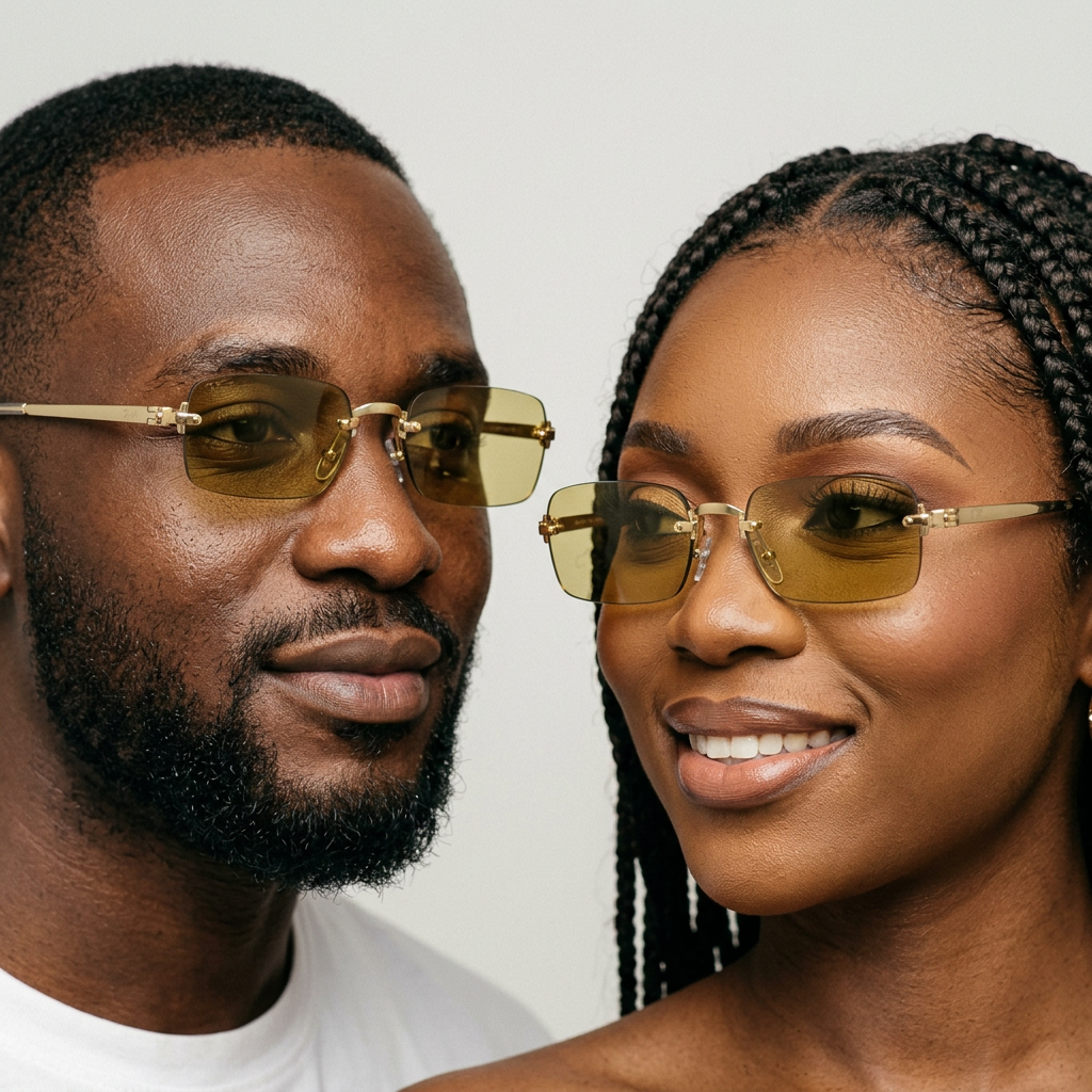 AI-generated adults wearing gold-tone rimless olive-yellow sunglasses