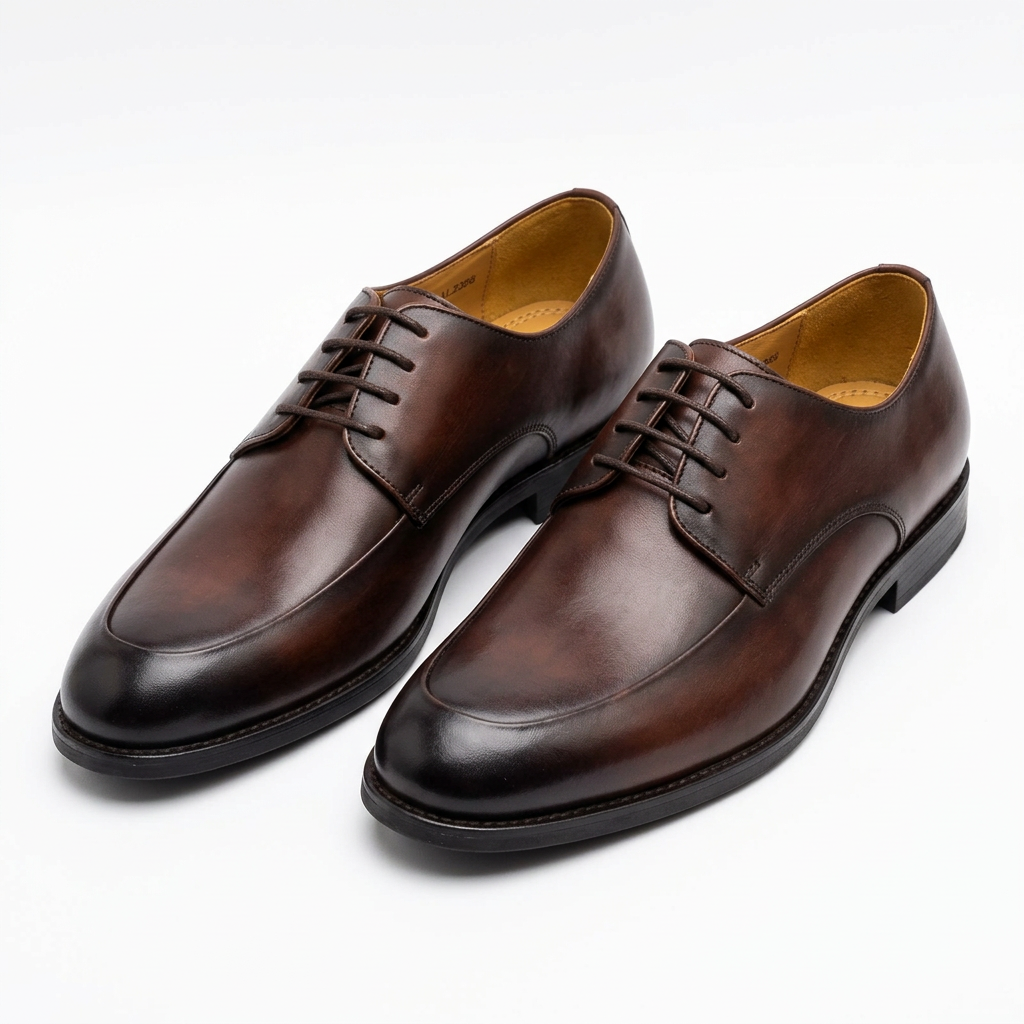 Pair of burnished brown apron-toe Derby shoes on white