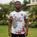 Nigerian male model wearing white dragon and sakura ink wash football jersey front view