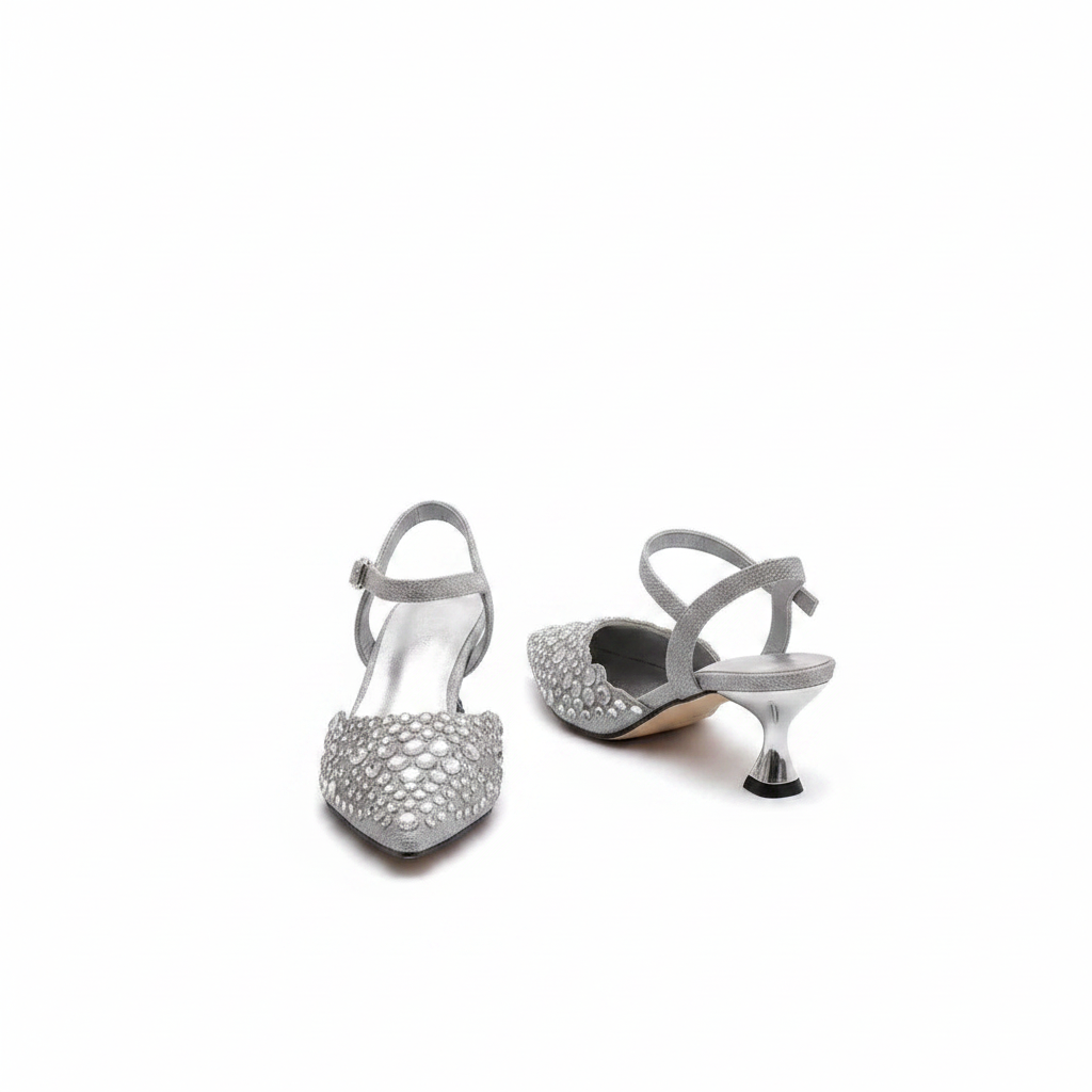 Women's silver rhinestone pointed-toe slingback kitten heel - ghost mannequin pair view