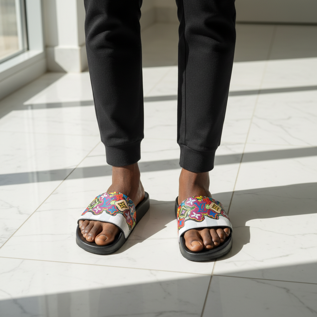 Star Money Shoes LV Multicolour Monogram Slides – Model Shot