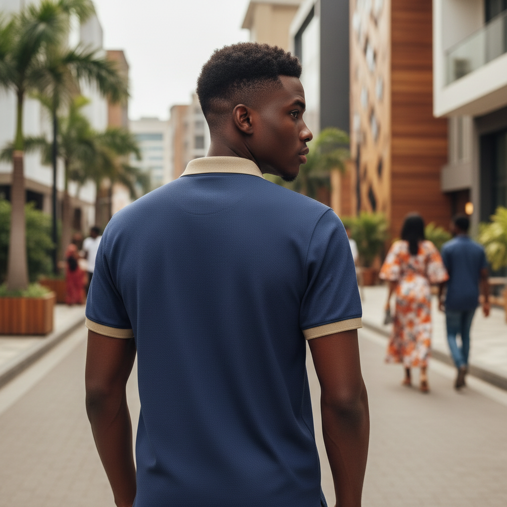 Young Nigerian male model wearing navy blue polo shirt, back view, Nigerian urban background