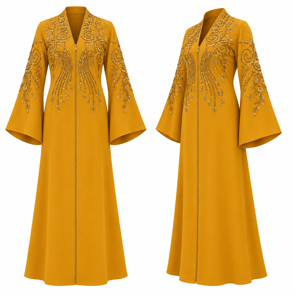 Mustard yellow open-front abaya with gold beaded embroidery ghost mannequin view