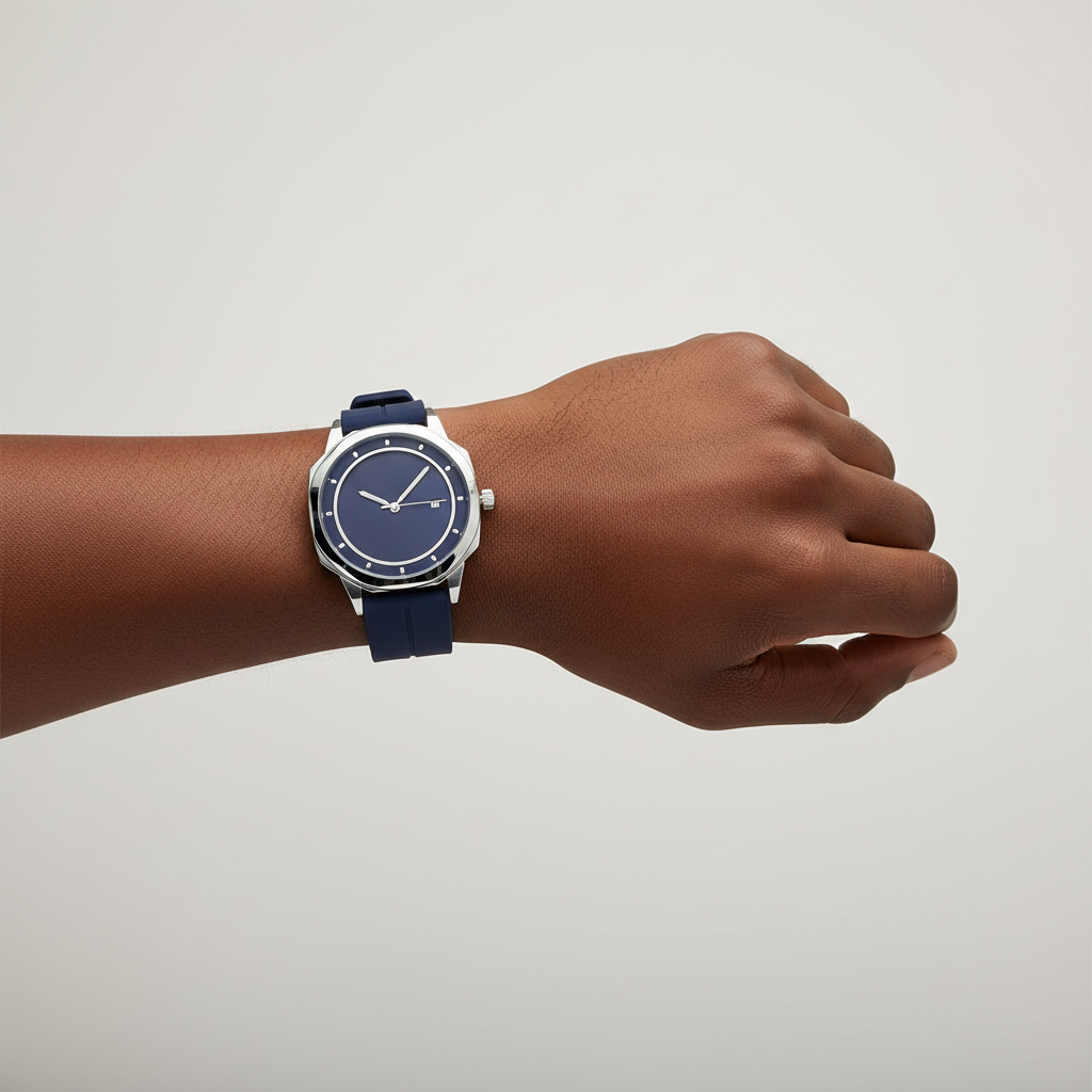 Blue dial silver-tone wristwatch worn on a Black man's wrist