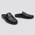 Men's black silver horsebit backless mule slippers, front and side view