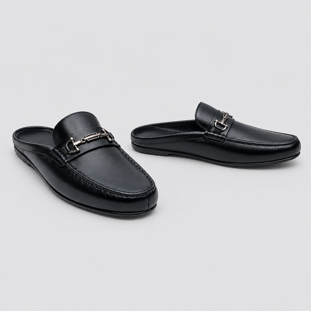 Men's black silver horsebit backless mule slippers, front and side view