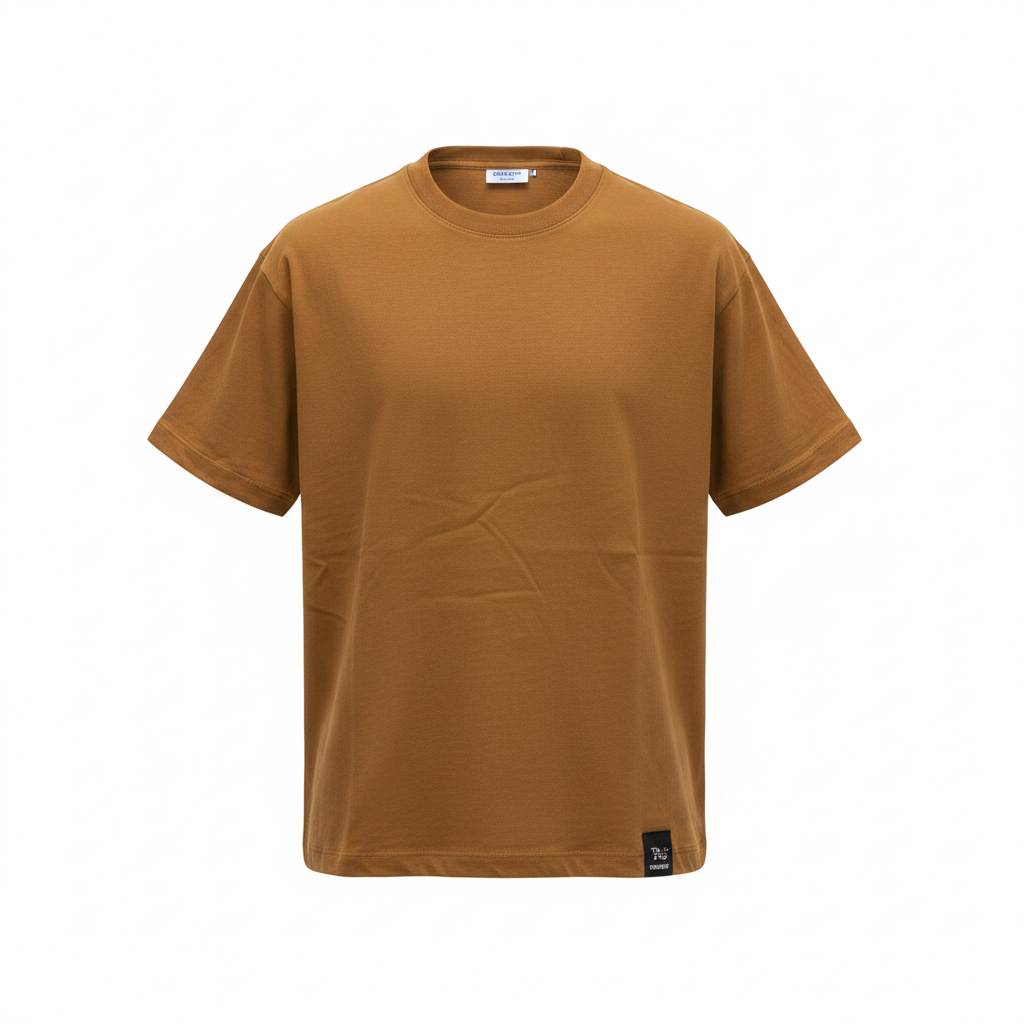Caramel brown crew neck t-shirt on ghost mannequin, white background