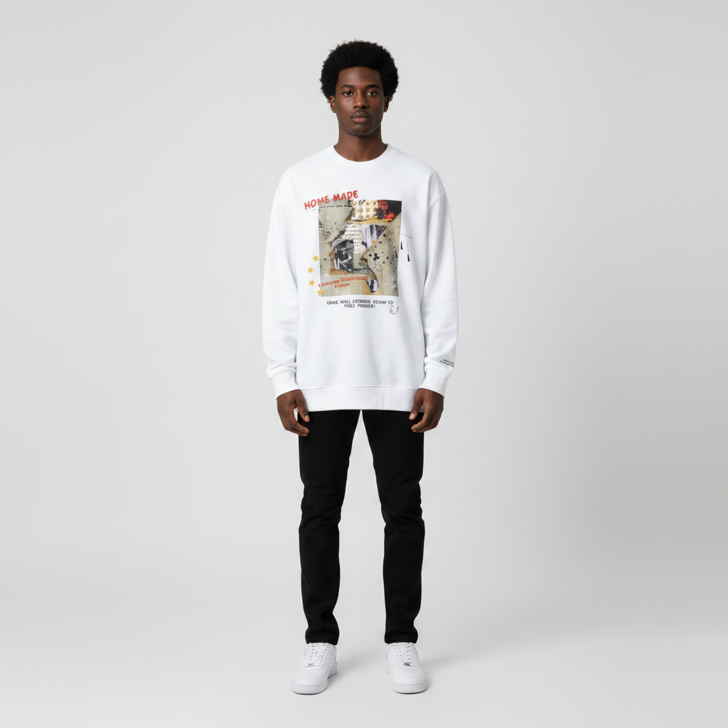 Man wearing the white photo print sweatshirt