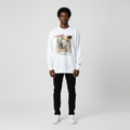 Man wearing the white photo print sweatshirt