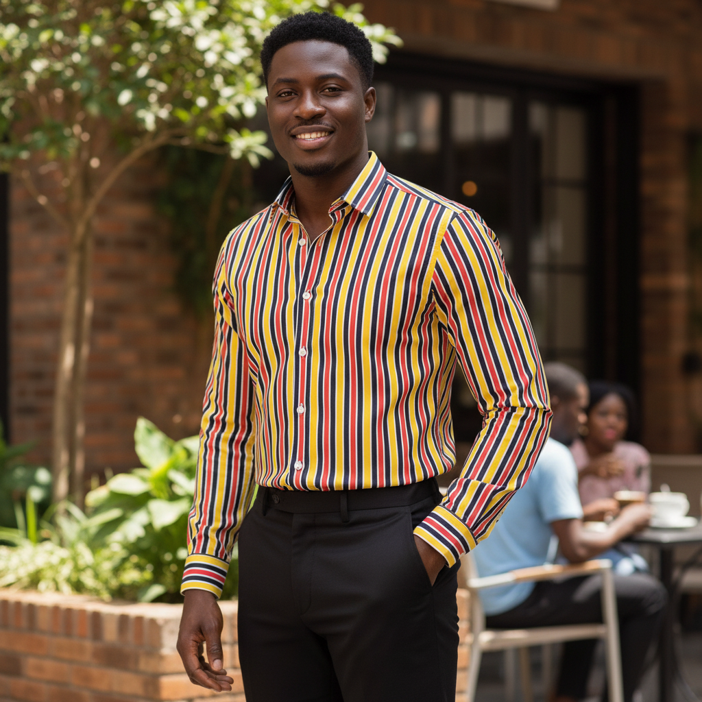 Nigerian male model wearing Yellow Red Black and White Bold Vertical Stripe Long-Sleeve Button-Down Shirt